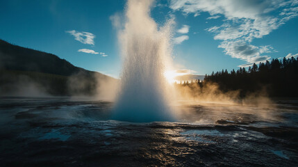 A geyser erupting, water and steam shooting upwards in a powerful display