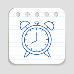 Doodle Alarm Clock icon. Blue pen hand drawn infographic symbol on a notepaper piece. Line art style graphic design element. Web button with shadow. Vector illustration