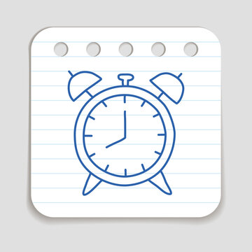 recommend clip art: Doodle Alarm Clock icon. Blue pen hand drawn infographic symbol on a notepaper piece. Line art style graphic design element. Web button with shadow. Vector illustration