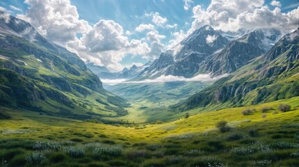 Beautiful landscape of mountains and green valleys. AI generated.