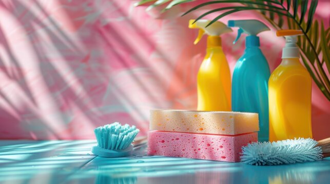 Different types of cleaning products on a table, cleaning service