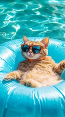 Cool Cat Lazing on an Inflatable Pool in Sunglasses: The Quintessence of Summer Fun and Leisure for Vacation and Travel