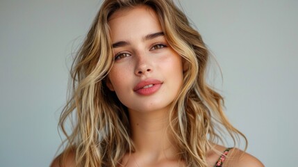 Cute 30s woman look camera. Girl face portrait. Young adult person. One 40s years old lady head shot. German skin care cream. Serious blond hair style. Nude make up.