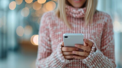 Woman Checking Phone While Snow Falls in Urban Area During Winter