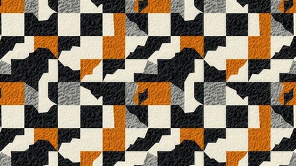 A vibrant geometric pattern with interlocking shapes and contrasting colors creates a visually striking design