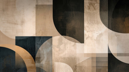 Abstract Geometric Retro Artwork Background with Overlapping, Layered Rectangles,  and Curves in Warm Earth Tones - Vintage Textured and Distressed Chaos Design Backdrop, Black Beige Minimalism  Art 