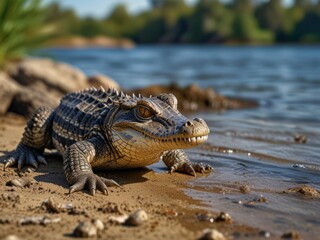 Obraz premium Young Alligator Basking on the Riverbank in Natural Sunlight