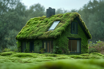 Fototapeta premium a green, moss-covered house, conceptualizing eco-living and sustainable housing