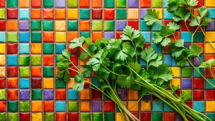 Fresh cilantro leaves arranged on a colorful mosaic table, cilantro, fresh, green, herb, leaves, culinary, ingredient, organic