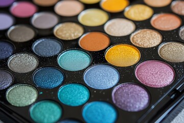 Vibrant Color Palette With Diverse Shades Displayed in Cosmetic Palette on Black Background