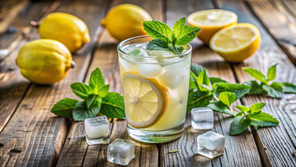 Fototapeta premium A chilled glass of ice-cold lemonade with a sprig of fresh mint garnish, garnished with ice cubes and set on a weathered wooden table outdoors.