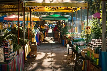 A vibrant cannabis market, colorful stalls filled with diverse products, bustling atmosphere, sunlight filtering through canopies, lively and dynamic, capturing the essence of community and trade