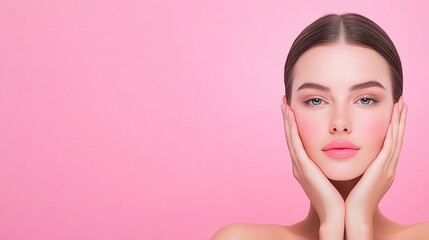 Close-up portrait of a woman with sleek dark hair, gently holding her face, showcasing glowing skin against a pink background.

