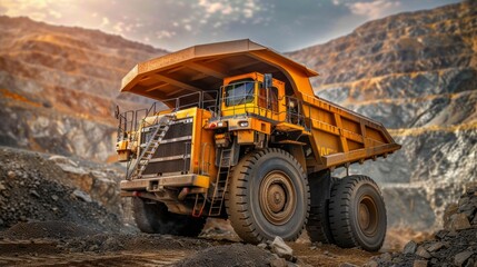 huge yellow mining truck on a dirt road with a trail of dust