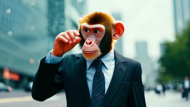 Monkey businessman walking on a city street