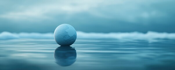 A serene blue sphere floats gently on calm water, reflecting the tranquil sky and creating a peaceful atmosphere.