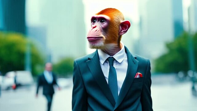 Monkey businessman walking on a city street