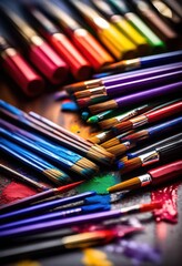 unique display colorful creative supplies vibrant arrangement highlighting artistic tools materials, arts, design, palette, paint, brushes, markers, pencils