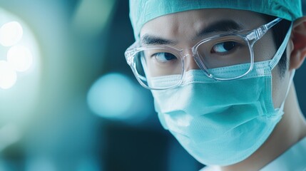 Focused surgeon wearing glasses and mask, preparing for a medical procedure in a modern operating room environment.