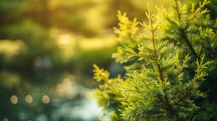 Young cypress in the botanical garden on a sunny summer day with copy space.