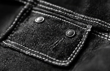 black denim texture, showcasing its rugged and worn appearance with visible stitching details