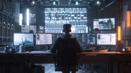 A male IT worker sits at his desk in front of computer monitors and looking computer screen, seen from behind and looking over the of an AI system that processes data on monitor displaying code