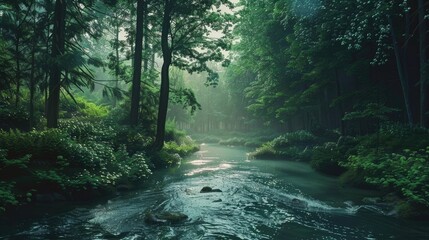 Fototapeta premium A serene river flows gently through a thick forest