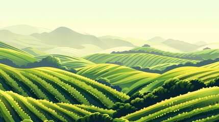 Obraz premium A picturesque view of a rolling green landscape under a bright, clear sky. The lush hills are dotted with trees and vineyards, creating a serene and idyllic scene.