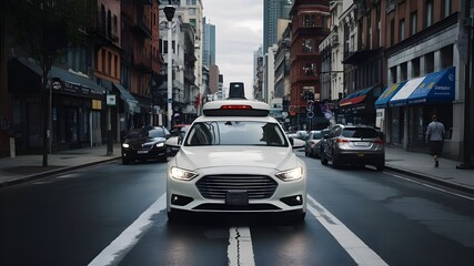 Naklejka premium An autonomous car self-driving smoothly on a bustling city street. Autopilot