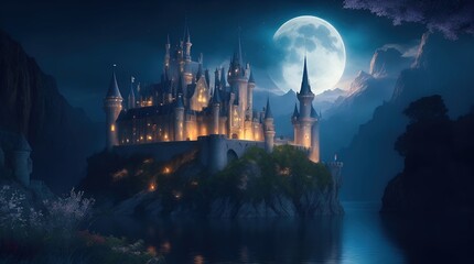 Fototapeta premium A fabulous fantasy castle on an island near a lake at night in the moonlight against the background of mountains