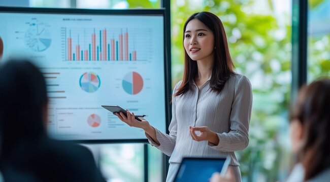 an Asian businesswoman presenting financial data on charts and graphs to her team in the conference room.