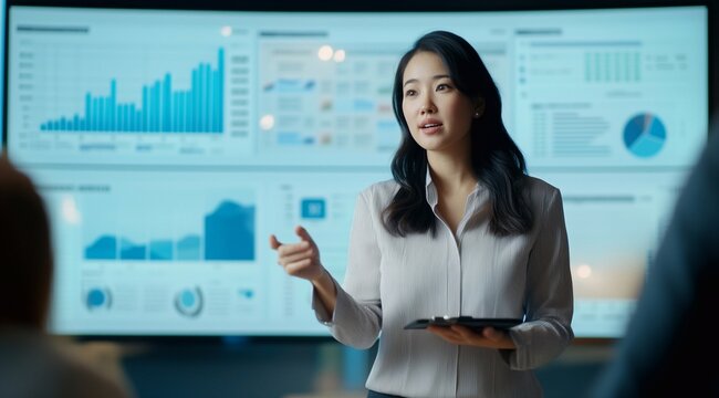a Korean businesswoman presenting financial data on charts and graphs to her team in the conference room.