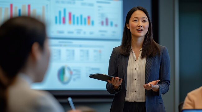 a Korean businesswoman presenting financial data on charts and graphs to her team in the conference room. - Powered by Adobe