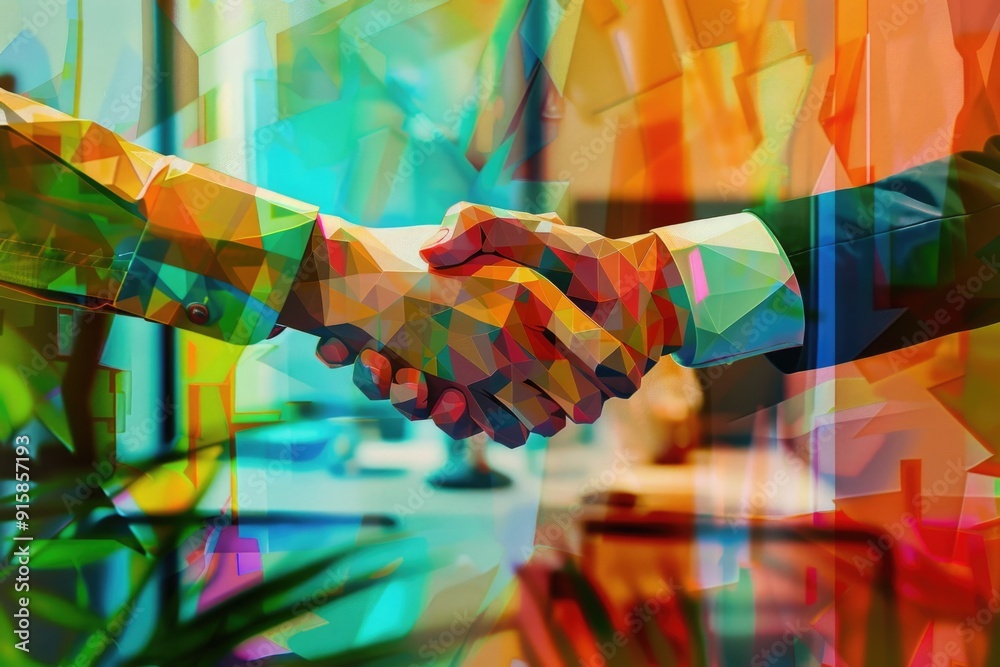 Poster two individuals exchanging handshakes in an office setting