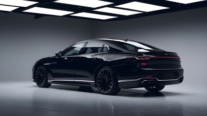Obraz premium A modern black premium car is captured in a studio setting,