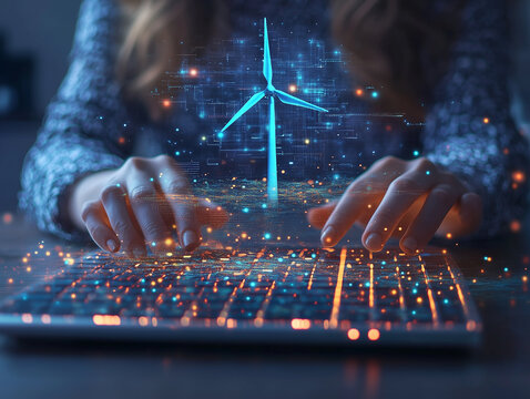 A person types on a laptop with a holographic wind turbine displayed above the keyboard in a technology-themed workspace - Powered by Adobe