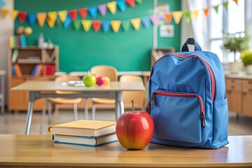 School still life with a backpack, books and an apple on a desk in a classroom