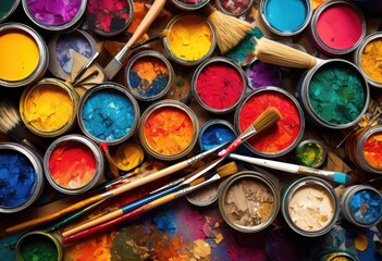 colorful display crafting supplies including tools showcasing creative processes artistic techniques, colors, paints, brushes, papers, creativity, materials