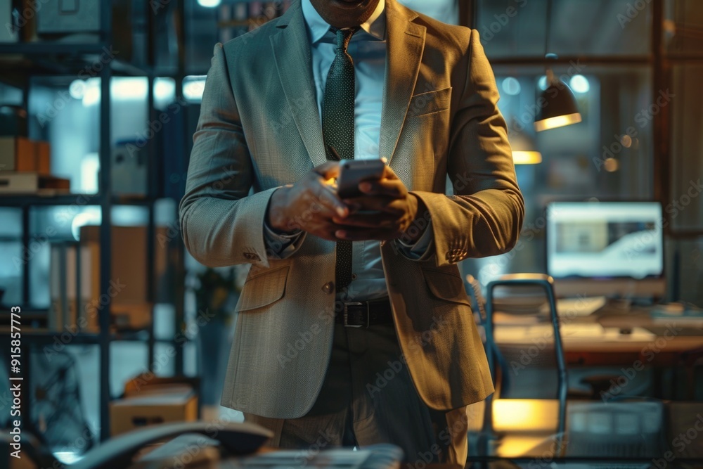 Poster a man looks at his cell phone, possibly checking notifications or reading messages