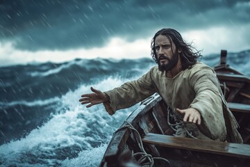 Calming the storm at sea, Jesus Christ commands the sea to calm down