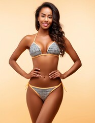 A beautiful woman in a bikini stands in front of a white background