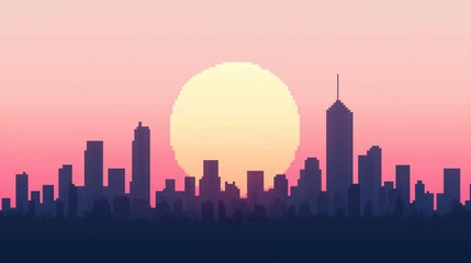 Naklejka premium A pixel art cityscape at sunrise with the first light of dawn reflecting off the skyscrapers