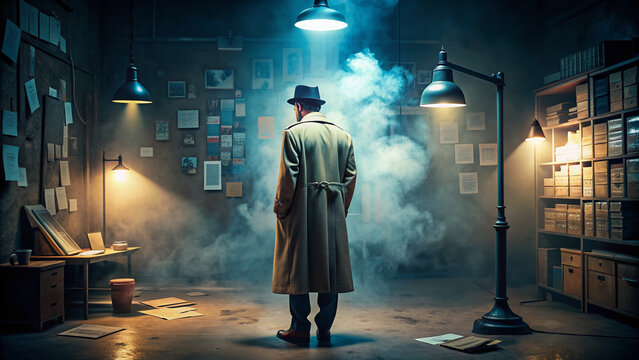 A lone, trenchcoated figure, lit by a city streetlamp, examines a cryptic clue in a dimly lit, smoke-filled office, surrounded by scattered files and photographs.