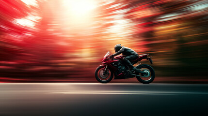 Motorcycle racer speeding on track with motion blur, high-speed motorsport action
