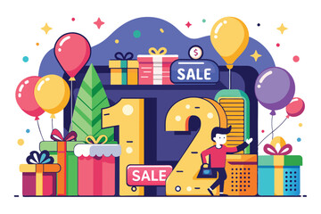 Fototapeta premium A lively scene showcases a customizable sale event with vibrant balloons, colorful gifts, and a shopper excitedly exploring the festive atmosphere