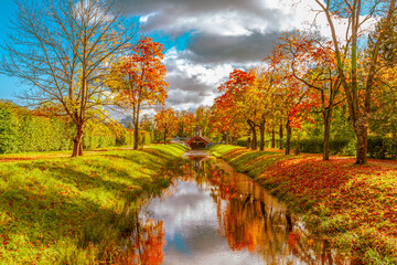Cross Bridge in Alexander Park in golden autumn. Pushkin (Tsarskoe Selo)