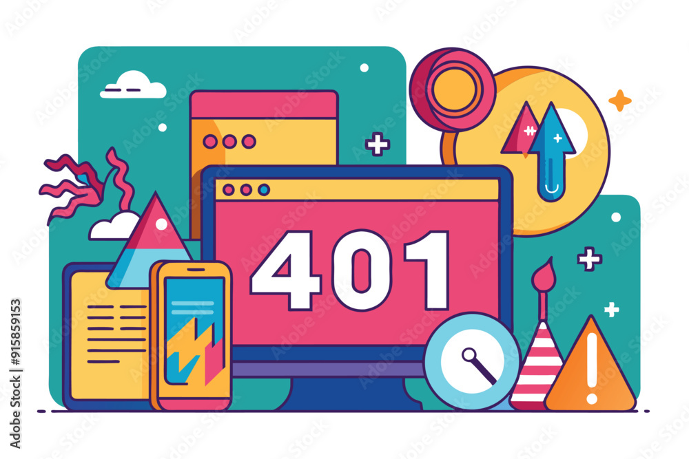 Fototapete a computer screen shows a 401 error with colorful graphics surrounding it, symbolizing issues with a