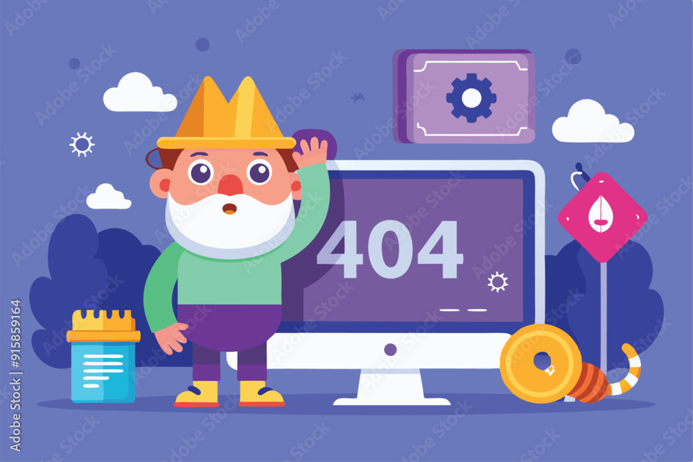 Poster a cheerful cartoon character in a crown interacts with a computer displaying a 404 error, surrounded