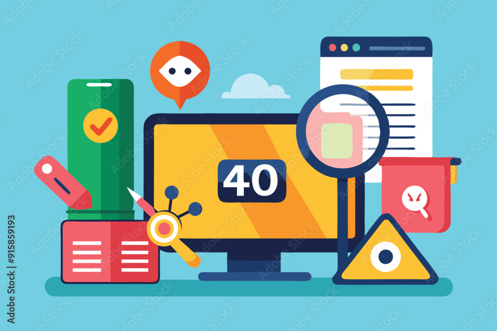 Poster a vibrant illustration showcases digital device diagnostics errors with various tech elements in a w