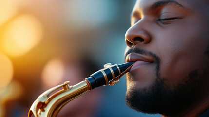Saxophonist performing passionately, close-up of jazz musician during soulful concert